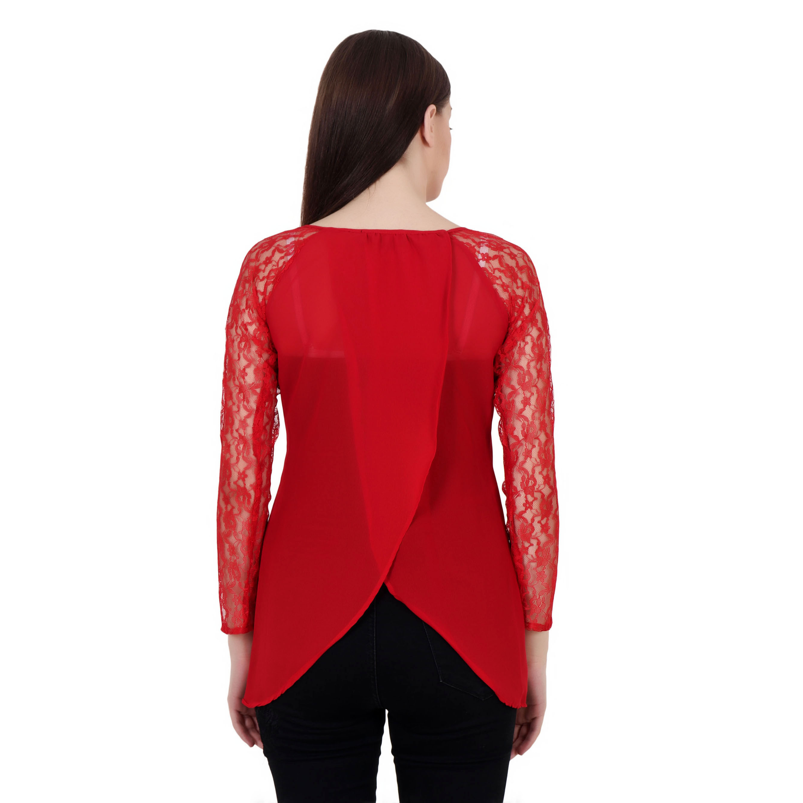RED REGULAR NET SLEEVE TOP